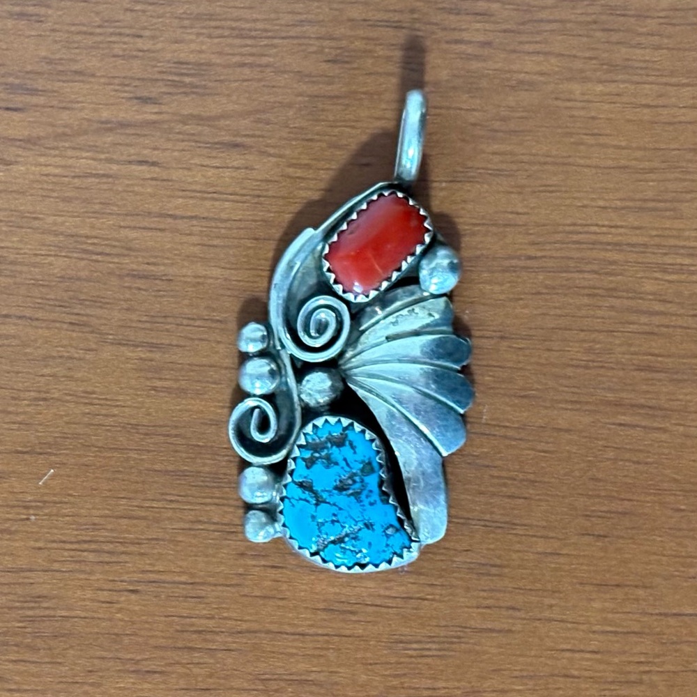 Vintage Navajo Sterling Silver Turquoise & Coral Pendant